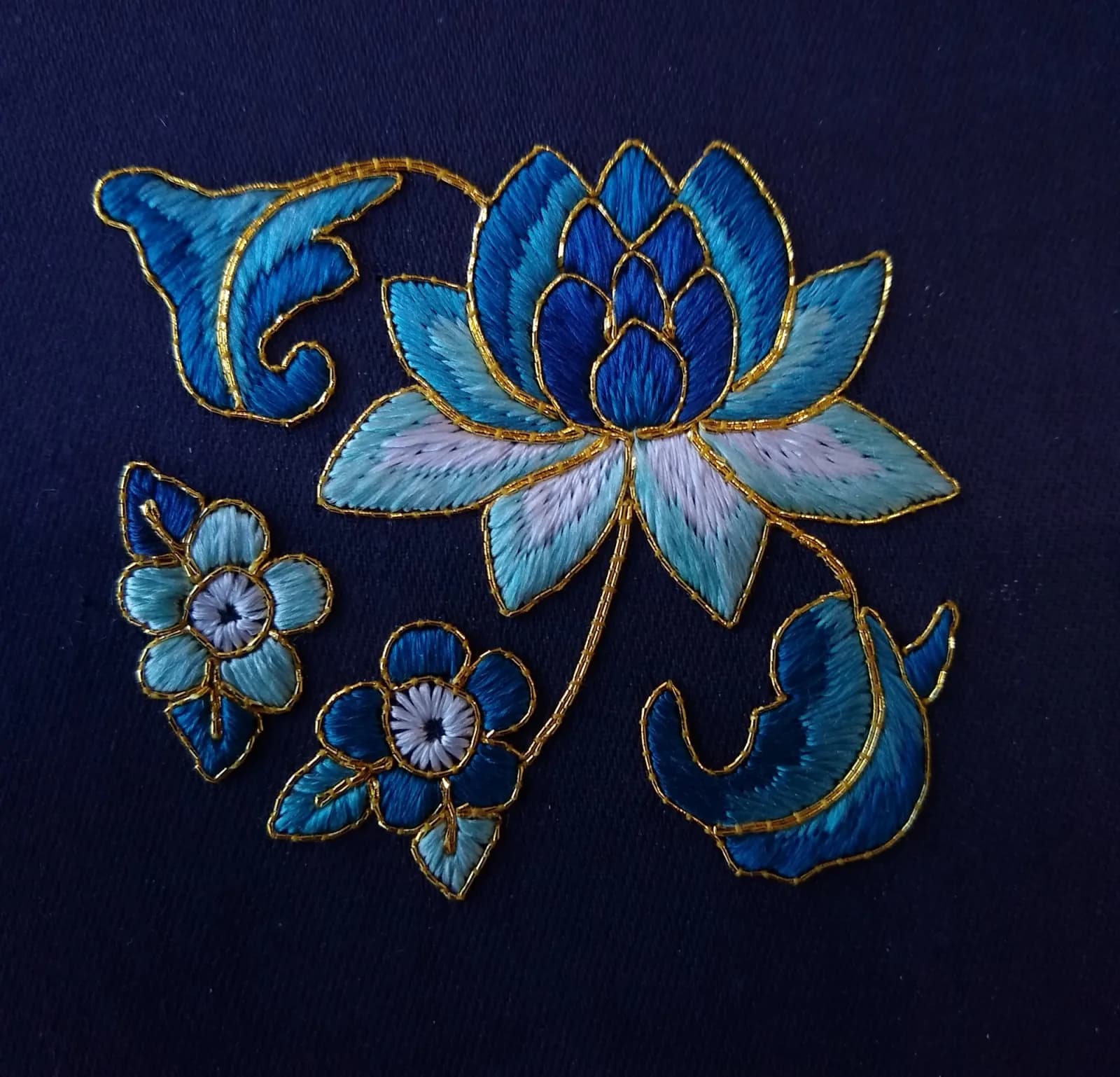 Embroidery - Chinese Silk and Gold Lotus and Cherry Blossom